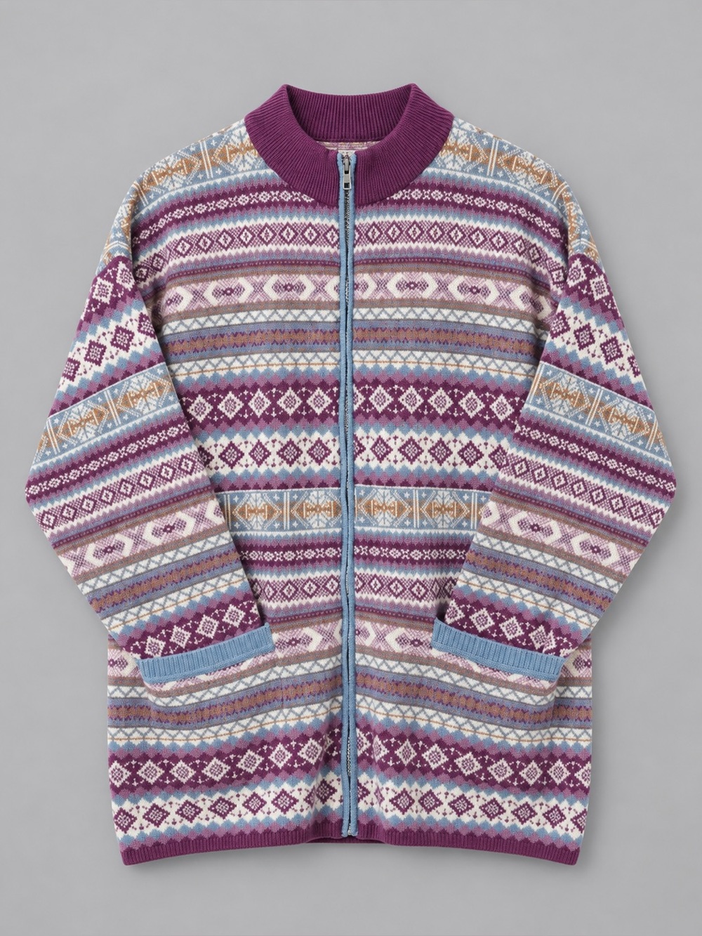 Vintage 90s Lizsport Fair Isle Knit Full Zip Sweater Jacket Cotton Purple S